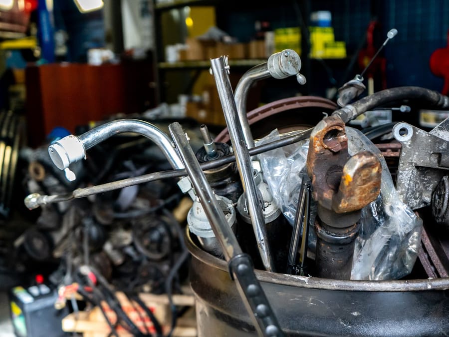 Bin of scrap metal parts collected from a Fresno business and headed to a recycler