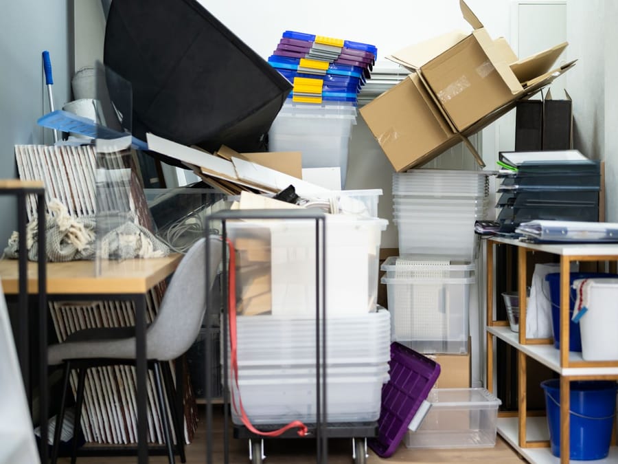 Commercial storage room stacked with boxes, bins and shelving before a Fresno office clearance