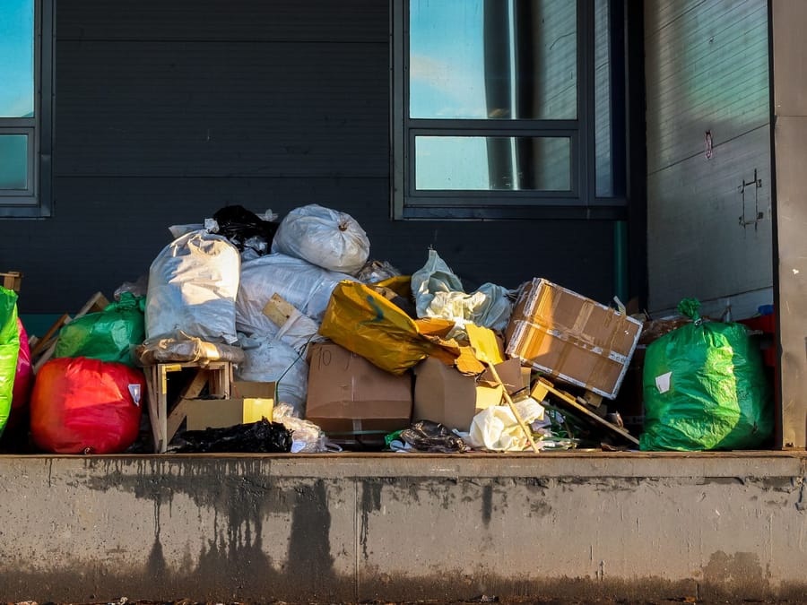Bagged waste and packaging stacked against a wall during a retail unit clearance